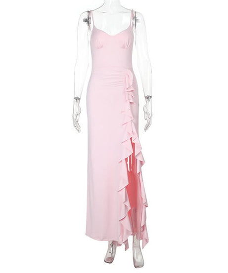 Elegant Blush Pink Ruffle Slit Maxi Dress - Sweetheart Cami Gown for Holiday Parties & Galas