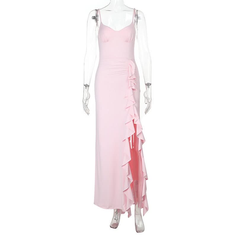 Elegant Blush Pink Ruffle Slit Maxi Dress - Sweetheart Cami Gown for Holiday Parties & Galas