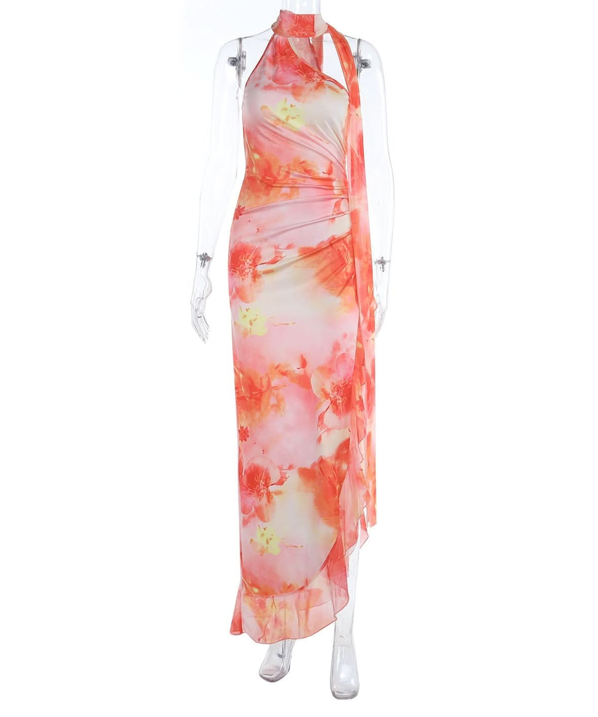 Women's Vibrant Floral Halter Ruched Maxi Dress - Your Fall Vacation & Resort Essential
