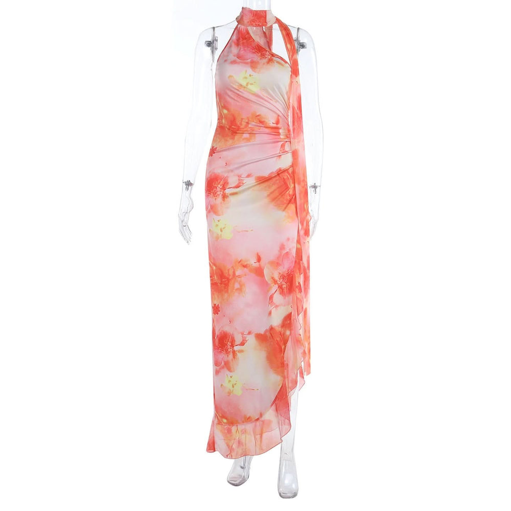 Women's Vibrant Floral Halter Ruched Maxi Dress - Your Fall Vacation & Resort Essential