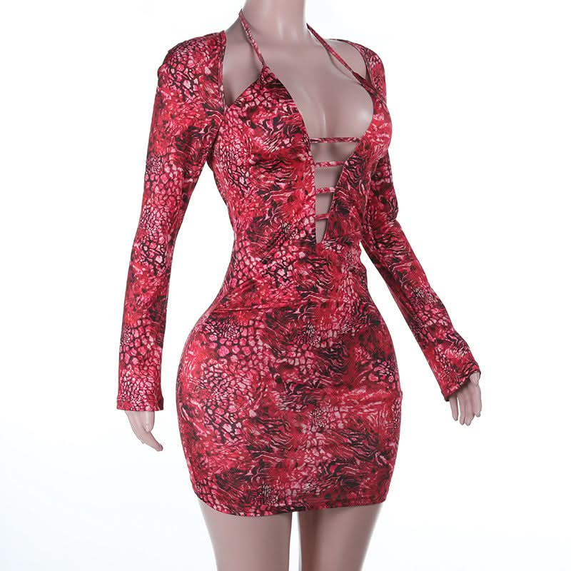 Sizzling Red Animal Print Mini Dress | Daring Deep V Lace-Up & Long Sleeve Cut Out for Fall Parties