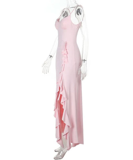 Elegant Blush Pink Ruffle Slit Maxi Dress - Sweetheart Cami Gown for Holiday Parties & Galas