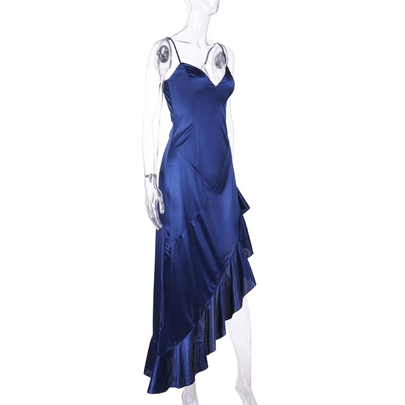 Fall & Holiday Glam: Sapphire Satin Ruffle Slit Midi Dress - Elegant V-Neck Cami