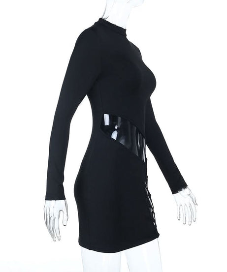Fall Party Ready: Daring Black Mock Neck Mini Dress with Sheer Cut-Out & Lace-Up