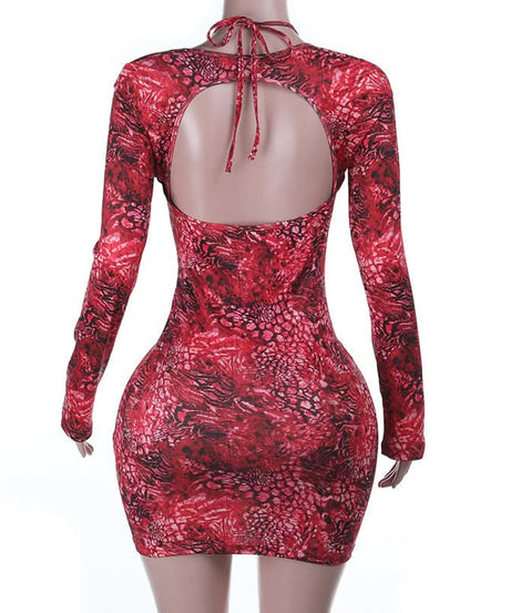 Sizzling Red Animal Print Mini Dress | Daring Deep V Lace-Up & Long Sleeve Cut Out for Fall Parties