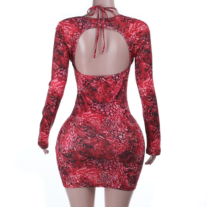 Sizzling Red Animal Print Mini Dress | Daring Deep V Lace-Up & Long Sleeve Cut Out for Fall Parties