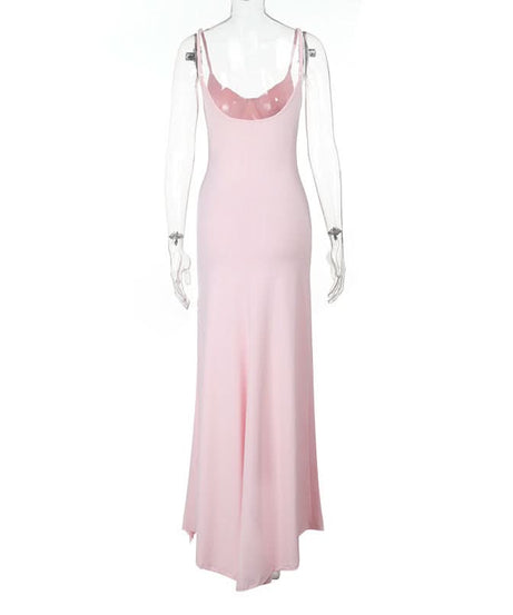Elegant Blush Pink Ruffle Slit Maxi Dress - Sweetheart Cami Gown for Holiday Parties & Galas