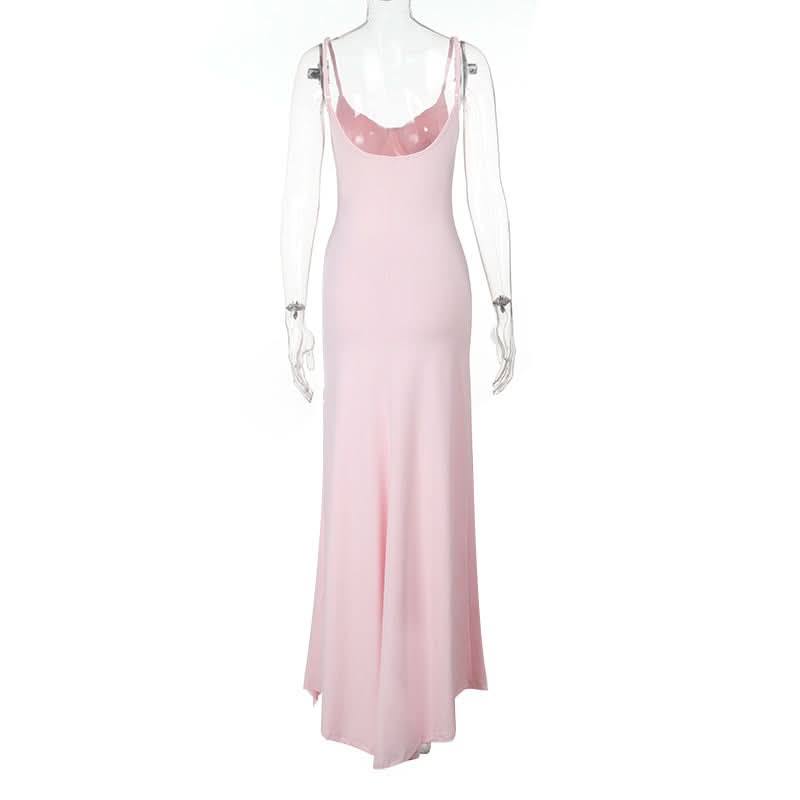Elegant Blush Pink Ruffle Slit Maxi Dress - Sweetheart Cami Gown for Holiday Parties & Galas