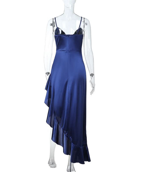 Fall & Holiday Glam: Sapphire Satin Ruffle Slit Midi Dress - Elegant V-Neck Cami