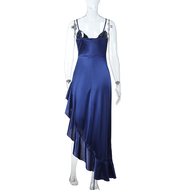 Fall & Holiday Glam: Sapphire Satin Ruffle Slit Midi Dress - Elegant V-Neck Cami