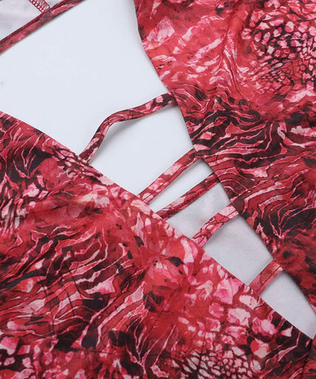 Sizzling Red Animal Print Mini Dress | Daring Deep V Lace-Up & Long Sleeve Cut Out for Fall Parties