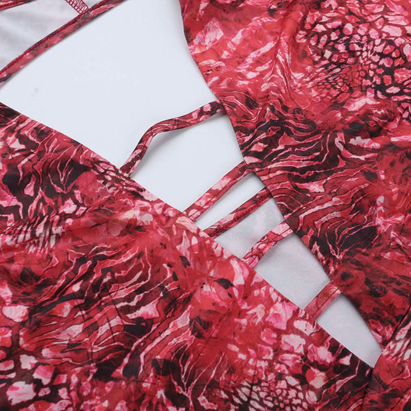 Sizzling Red Animal Print Mini Dress | Daring Deep V Lace-Up & Long Sleeve Cut Out for Fall Parties