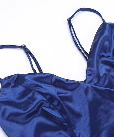 Fall & Holiday Glam: Sapphire Satin Ruffle Slit Midi Dress - Elegant V-Neck Cami