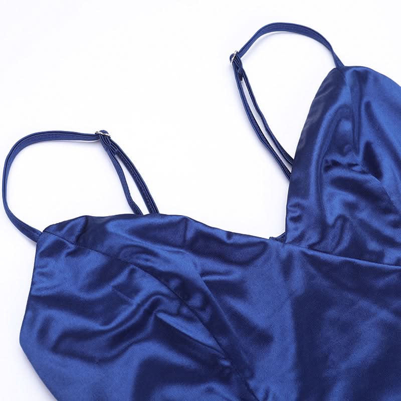 Fall & Holiday Glam: Sapphire Satin Ruffle Slit Midi Dress - Elegant V-Neck Cami