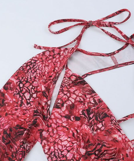 Sizzling Red Animal Print Mini Dress | Daring Deep V Lace-Up & Long Sleeve Cut Out for Fall Parties