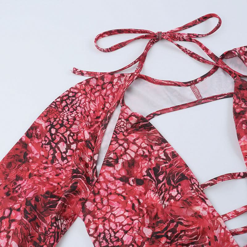 Sizzling Red Animal Print Mini Dress | Daring Deep V Lace-Up & Long Sleeve Cut Out for Fall Parties