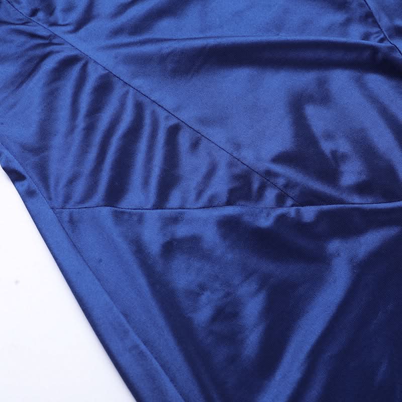 Fall & Holiday Glam: Sapphire Satin Ruffle Slit Midi Dress - Elegant V-Neck Cami