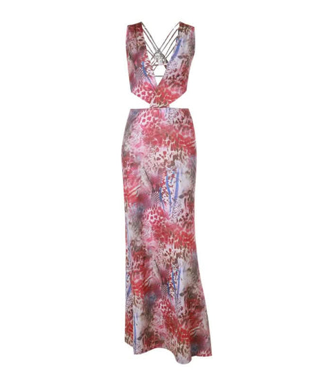Fall Fiesta Chic: Vibrant Print V-Neck Cut-Out Maxi Dress for American Women