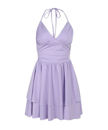 Flirty Lilac Halter Mini Dress | Ruched Bodice & Tiered Skirt for Your Next Getaway