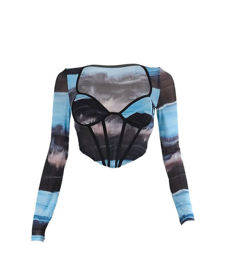 Ocean Hues Mesh Corset Crop Top – Trendy Long Sleeve Bustier for Fall Nights