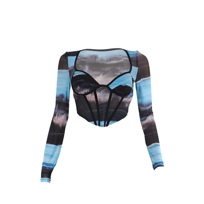 Ocean Hues Mesh Corset Crop Top – Trendy Long Sleeve Bustier for Fall Nights