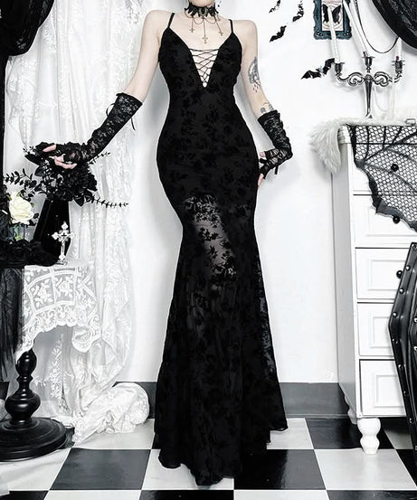 Fall Glamour: Black Velvet Burnout Floral Maxi Dress - Lace-Up V-Neck Formal Gown