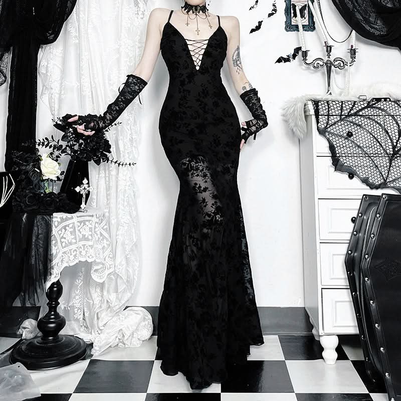 Fall Glamour: Black Velvet Burnout Floral Maxi Dress - Lace-Up V-Neck Formal Gown