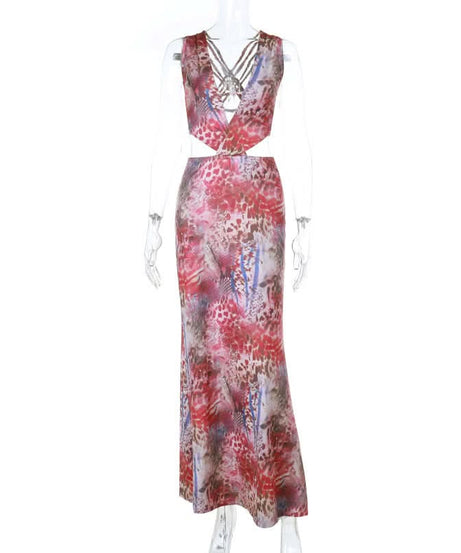 Fall Fiesta Chic: Vibrant Print V-Neck Cut-Out Maxi Dress for American Women