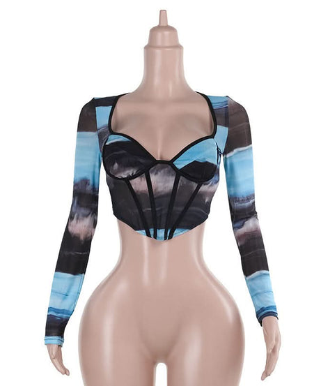 Ocean Hues Mesh Corset Crop Top – Trendy Long Sleeve Bustier for Fall Nights