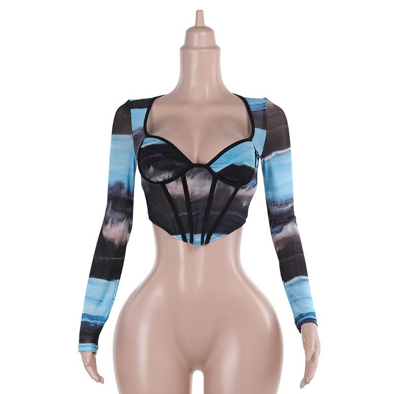Ocean Hues Mesh Corset Crop Top – Trendy Long Sleeve Bustier for Fall Nights