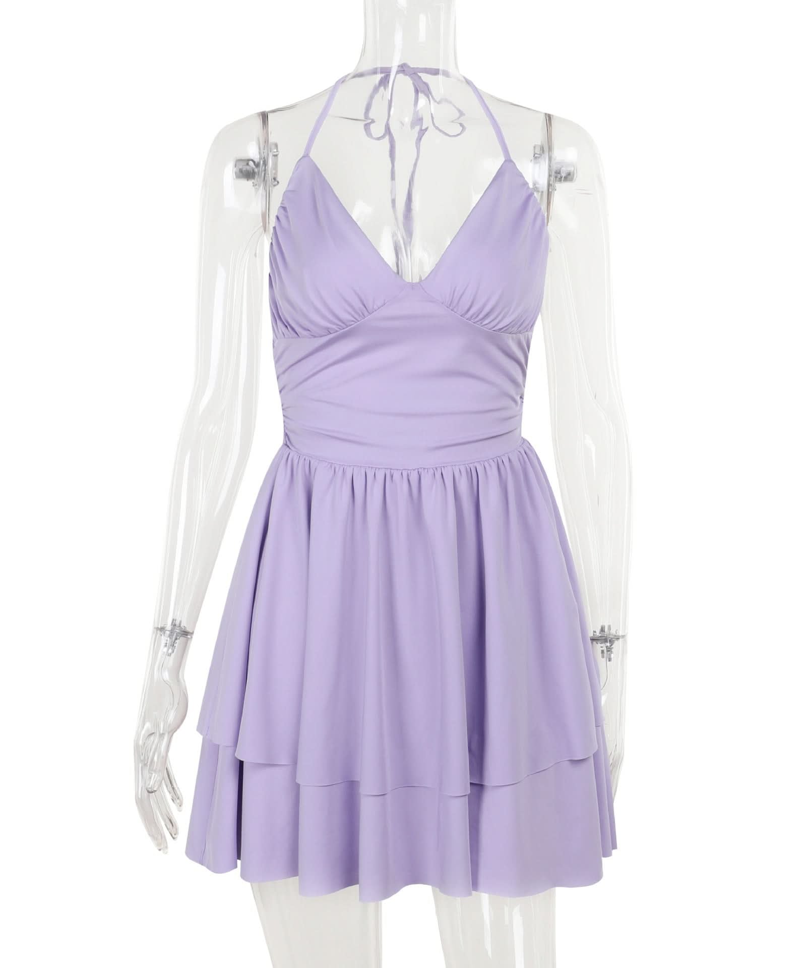 Flirty Lilac Halter Mini Dress | Ruched Bodice & Tiered Skirt for Your Next Getaway