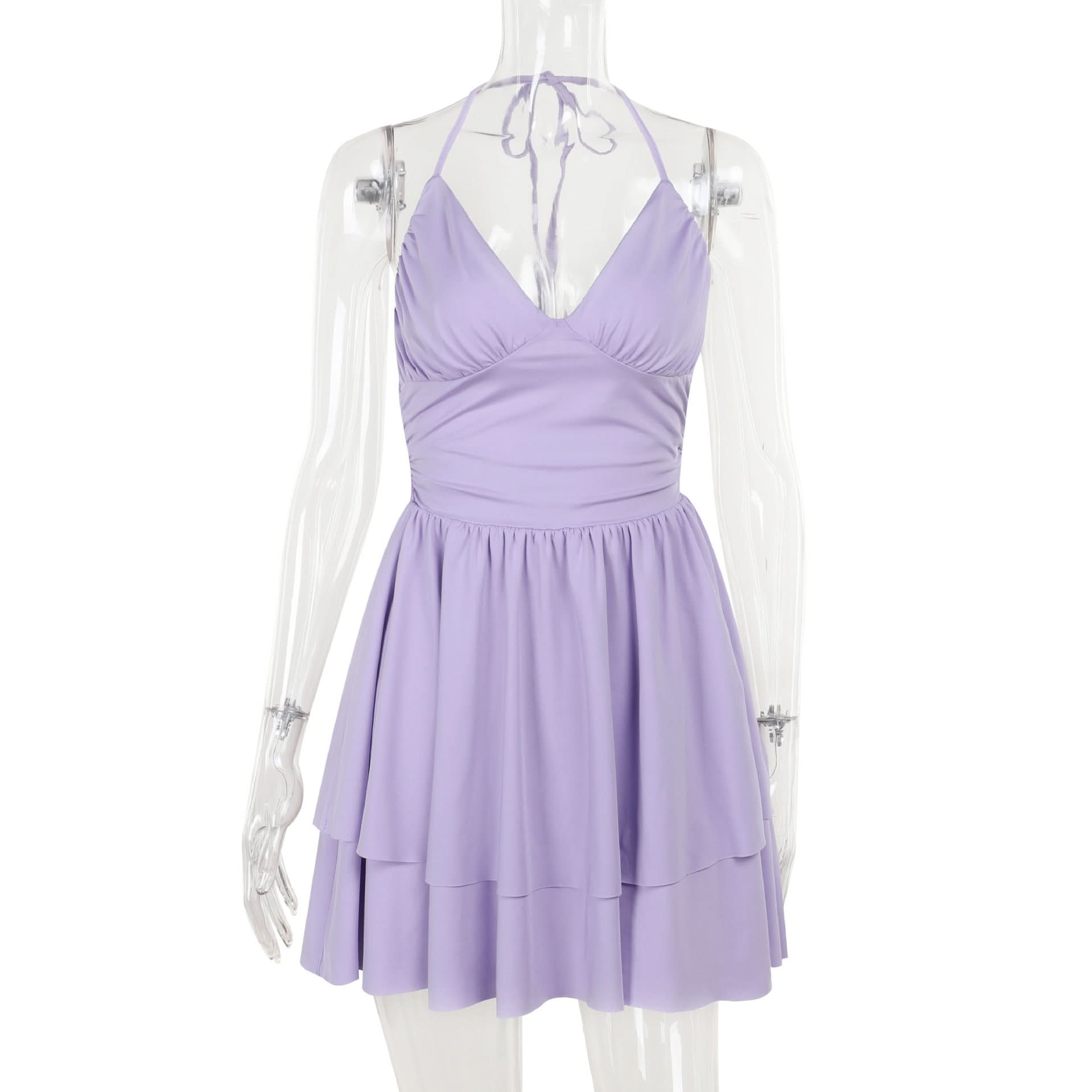 Flirty Lilac Halter Mini Dress | Ruched Bodice & Tiered Skirt for Your Next Getaway