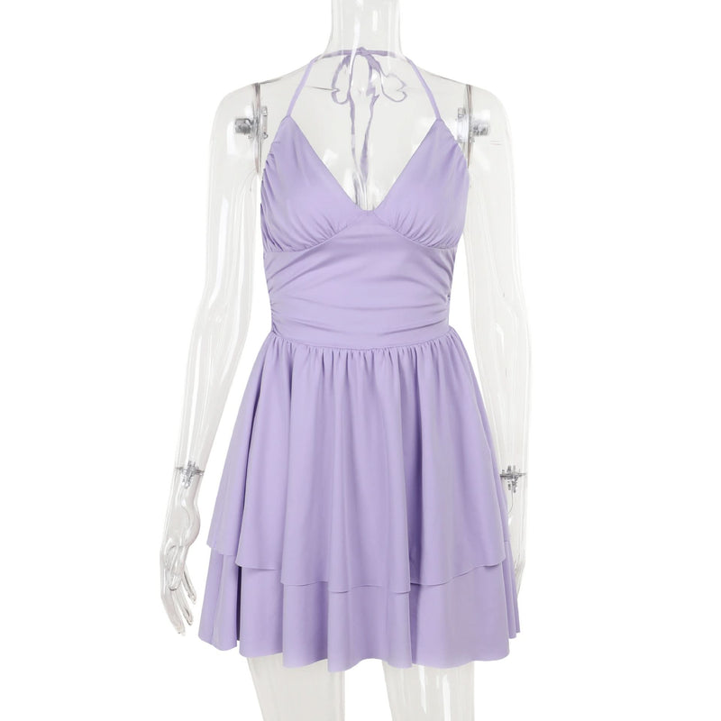 Flirty Lilac Halter Mini Dress | Ruched Bodice & Tiered Skirt for Your Next Getaway