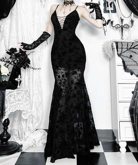 Fall Glamour: Black Velvet Burnout Floral Maxi Dress - Lace-Up V-Neck Formal Gown