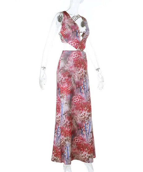 Fall Fiesta Chic: Vibrant Print V-Neck Cut-Out Maxi Dress for American Women