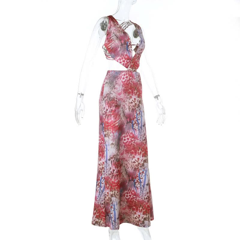 Fall Fiesta Chic: Vibrant Print V-Neck Cut-Out Maxi Dress for American Women