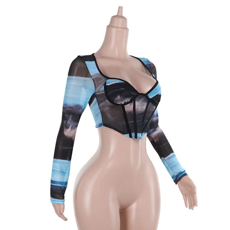 Ocean Hues Mesh Corset Crop Top – Trendy Long Sleeve Bustier for Fall Nights