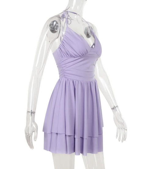 Flirty Lilac Halter Mini Dress | Ruched Bodice & Tiered Skirt for Your Next Getaway
