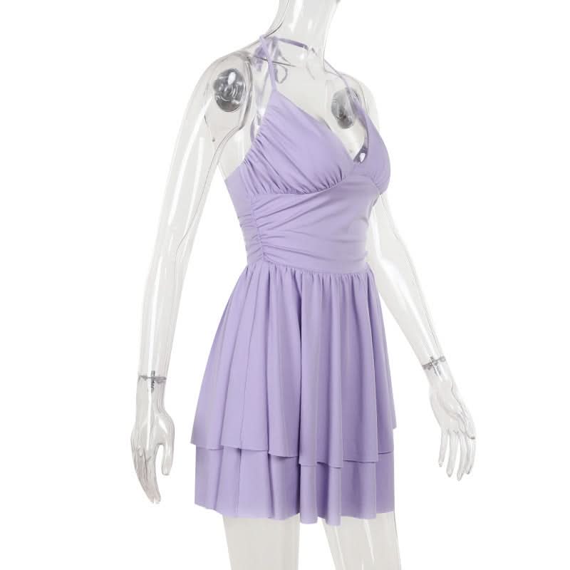 Flirty Lilac Halter Mini Dress | Ruched Bodice & Tiered Skirt for Your Next Getaway