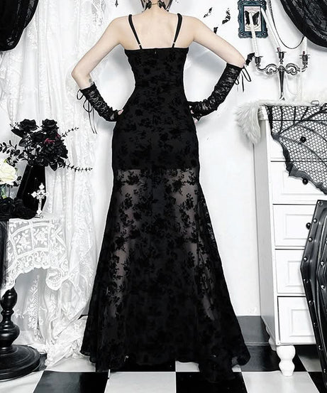 Fall Glamour: Black Velvet Burnout Floral Maxi Dress - Lace-Up V-Neck Formal Gown