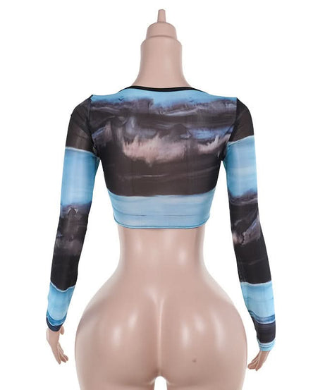 Ocean Hues Mesh Corset Crop Top – Trendy Long Sleeve Bustier for Fall Nights