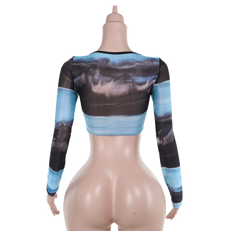 Ocean Hues Mesh Corset Crop Top – Trendy Long Sleeve Bustier for Fall Nights