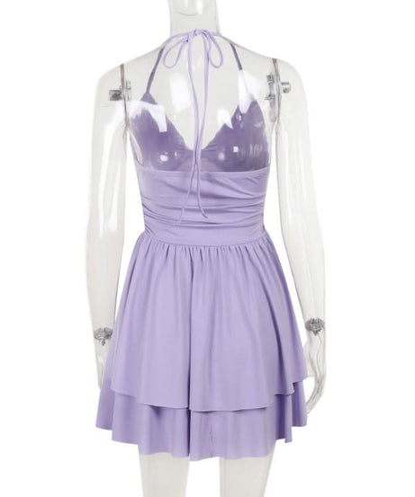 Flirty Lilac Halter Mini Dress | Ruched Bodice & Tiered Skirt for Your Next Getaway