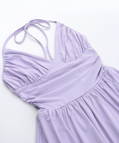 Flirty Lilac Halter Mini Dress | Ruched Bodice & Tiered Skirt for Your Next Getaway