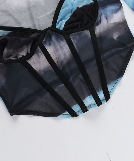 Ocean Hues Mesh Corset Crop Top – Trendy Long Sleeve Bustier for Fall Nights