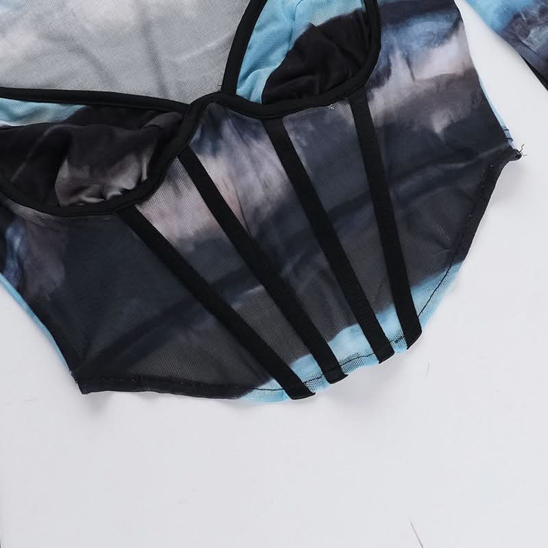 Ocean Hues Mesh Corset Crop Top – Trendy Long Sleeve Bustier for Fall Nights