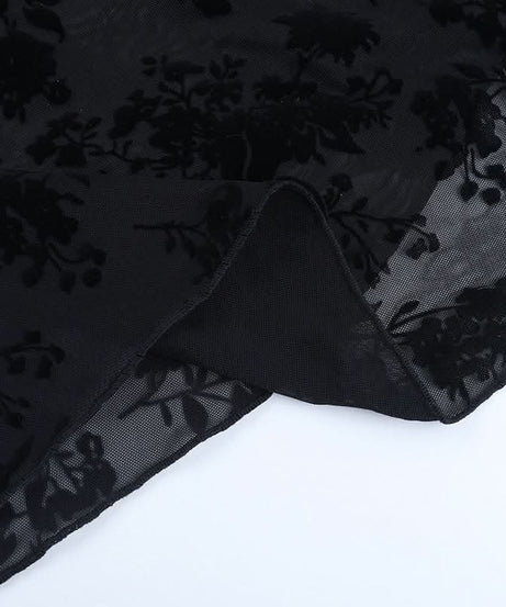 Fall Glamour: Black Velvet Burnout Floral Maxi Dress - Lace-Up V-Neck Formal Gown