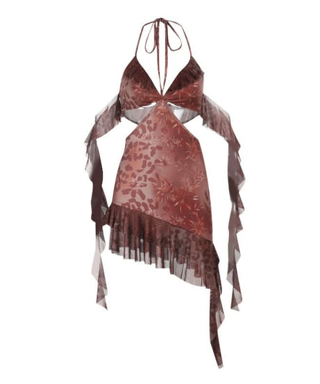 Enchanting Autumn Bloom Halter Mini Dress | Flirty Cut-Outs & Ruffles for Fall Parties