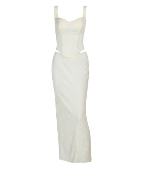 Elegant White Cutout Maxi Skirt & Corset Top Set - Holiday Party & Resort Ready