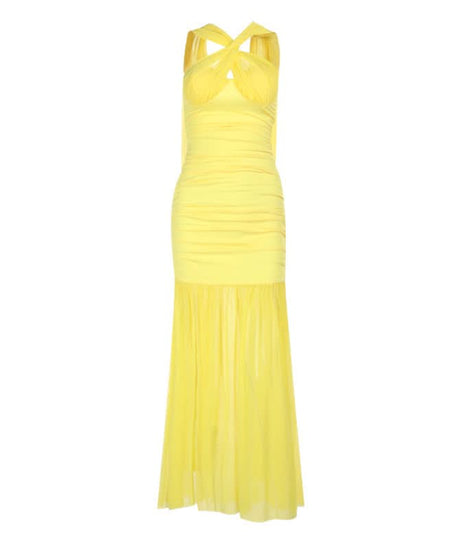 Radiant Yellow Ruched Halter Maxi Dress - Perfect for Destination Weddings & Holiday Getaways